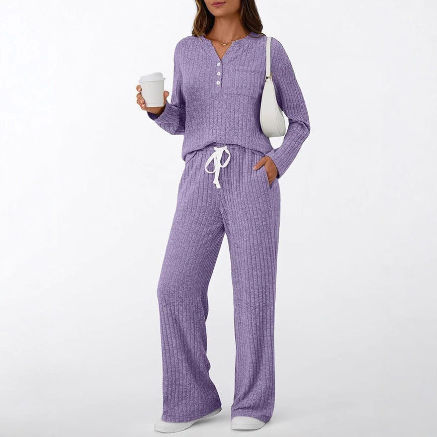 Damen Rippstrick-Lounge-Set mit Knopfleiste und weitem Kordelbund-Hose Drune