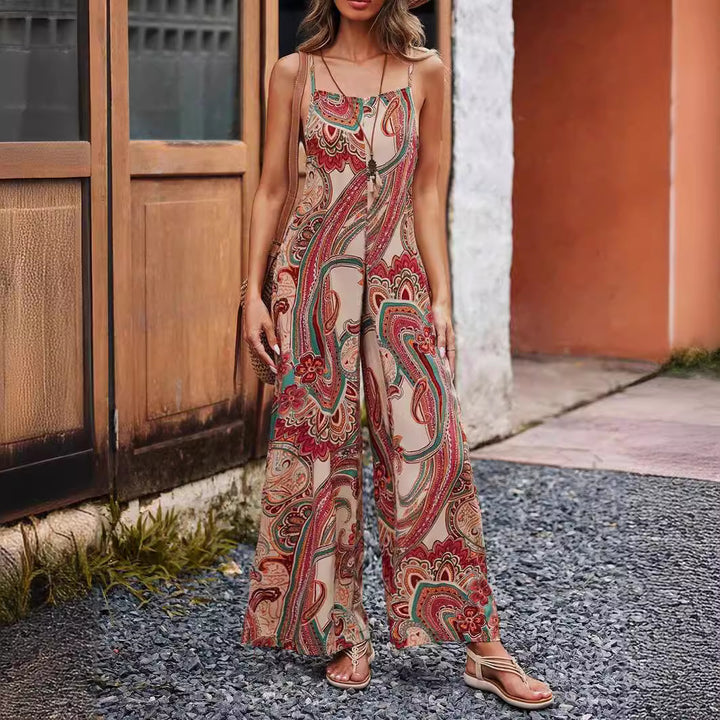 Damen Lässiger ärmelloser Jumpsuit mit weitem Bein, Spaghettiträgern und Paisley‑Print Drune