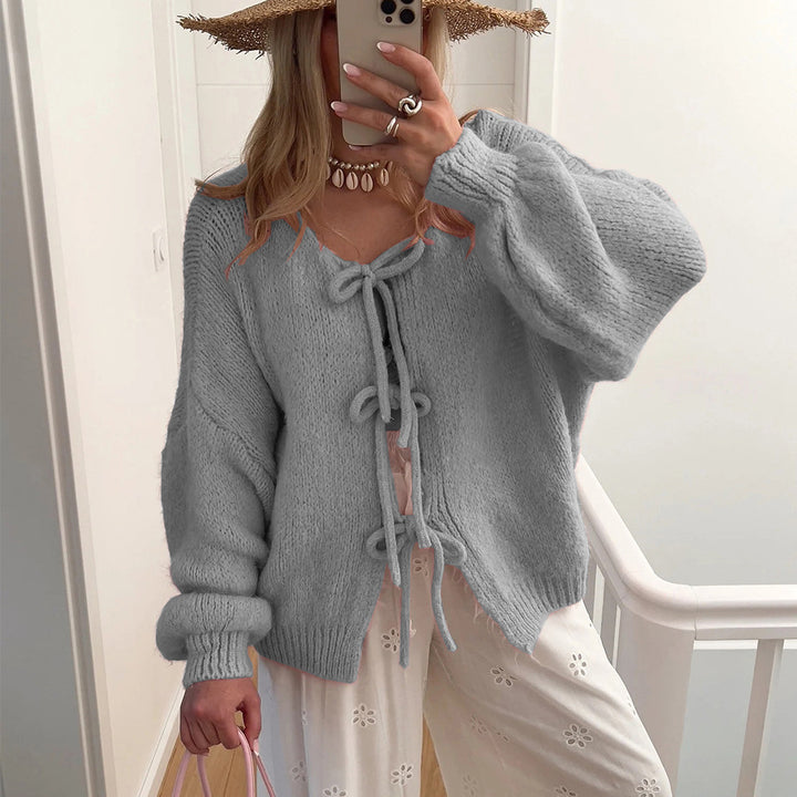 Damen Grobgestrickter Offener Cardigan mit Bindebändern, Oversize‑Silhouette und Raglanärmeln Drune