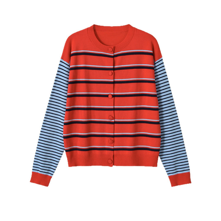 Damen Gestreifte Strickjacke mit Rundhals und Knopfverschluss Drune