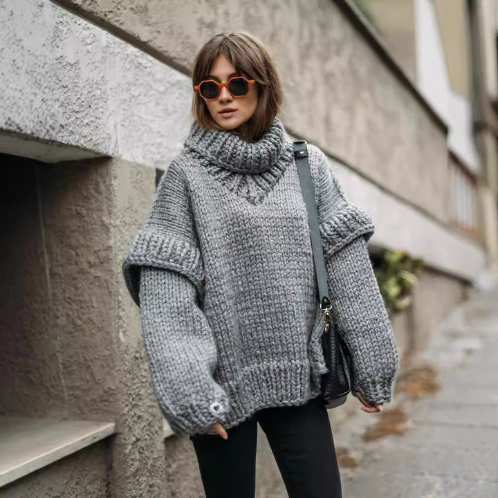 Damen Oversize Grobstrickpullover mit hohem Rollkragen Drune