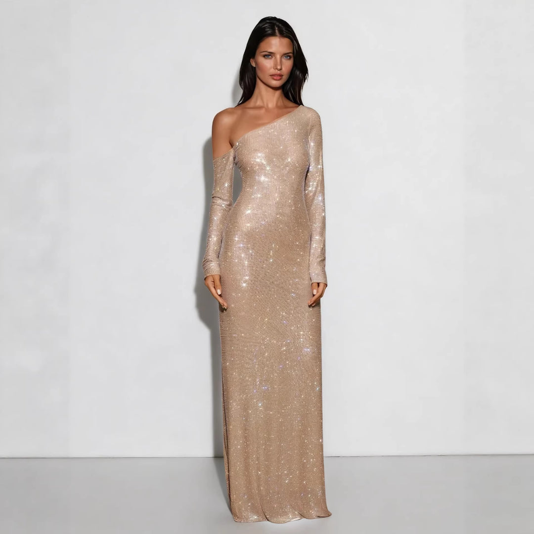 Damen Figurbetontes Abendkleid mit schimmerndem Paillettenbesatz und asymmetrischem Ausschnitt Drune