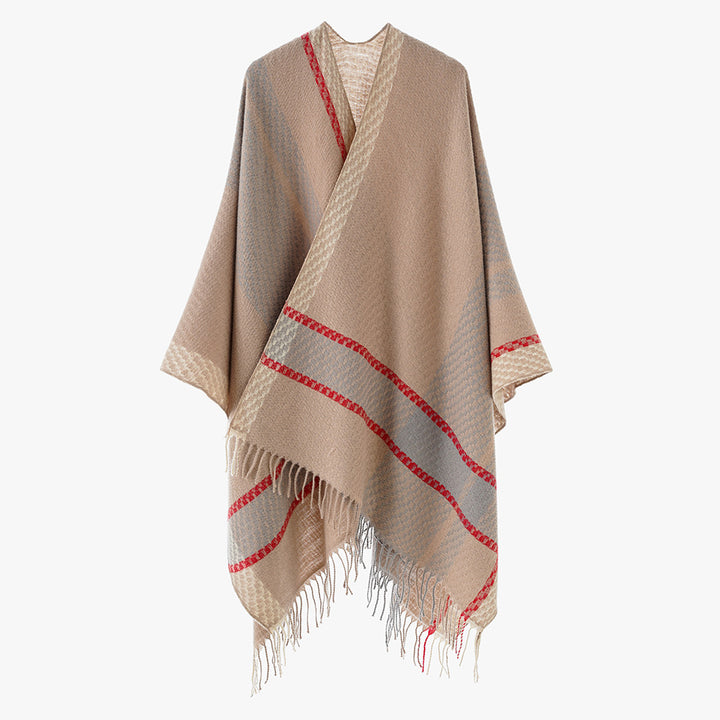 Damen Capeponcho mit Fransen und kariertem Jacquard-Design Drune
