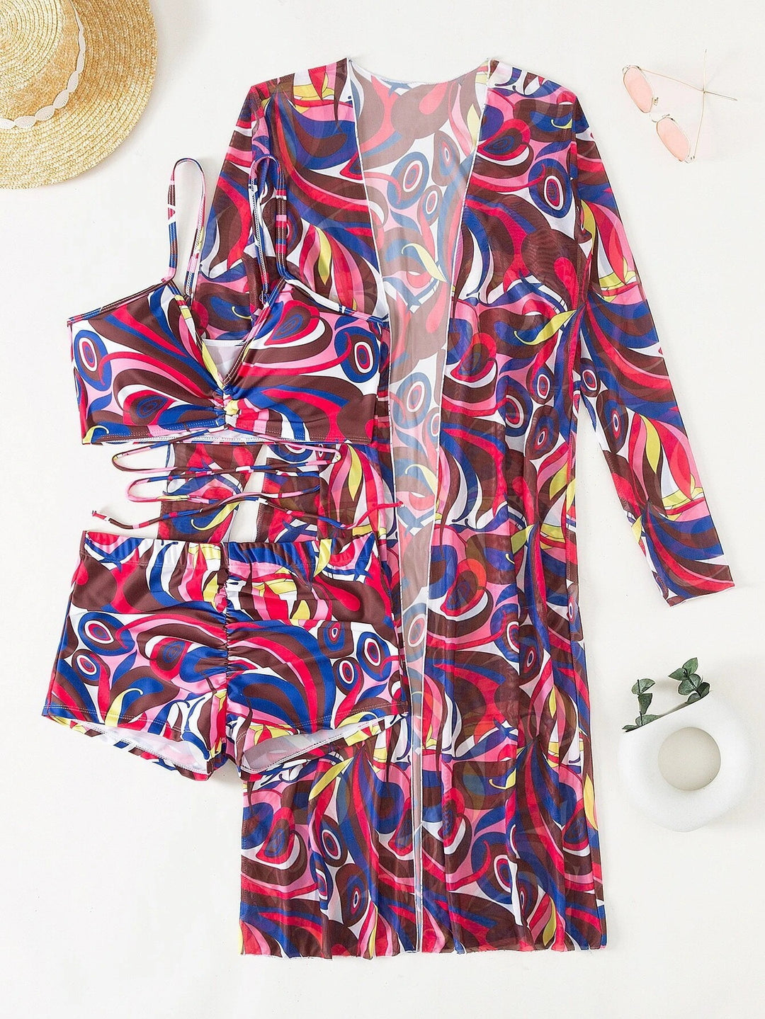 Damen Strandanzug mit leichtem Kimono und buntem Unterteil Drune