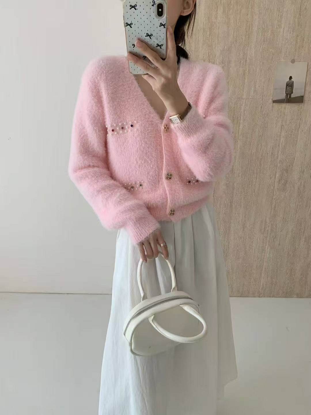 Damen Verspielter V-Ausschnitt Cardigan mit Perlen Drune