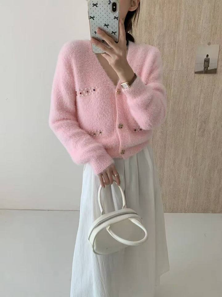 Damen Verspielter V-Ausschnitt Cardigan mit Perlen Drune