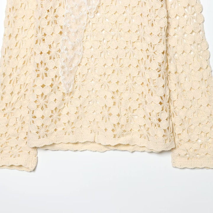 Damen gehäkelter Floralpullover mit Rundhalsausschnitt und Ajourmuster Drune