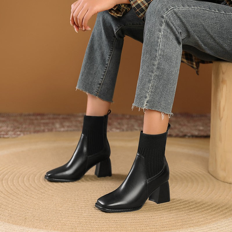 Damen Elegante Chunky Stiefeletten mit Strick-Einsatz Drune