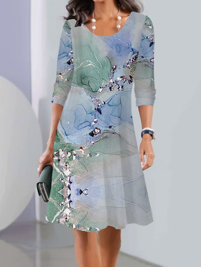 Damen A-Linien Kleid mit floralem Druck, U-Ausschnitt, Dreiviertelärmel und sanftem Ombre Drune