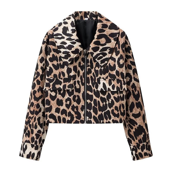 Damen nan cropped Übergangsjacke mit Leopardenmuster, durchgehendem Reißverschluss und aufgesetzten Pattentaschen Drune