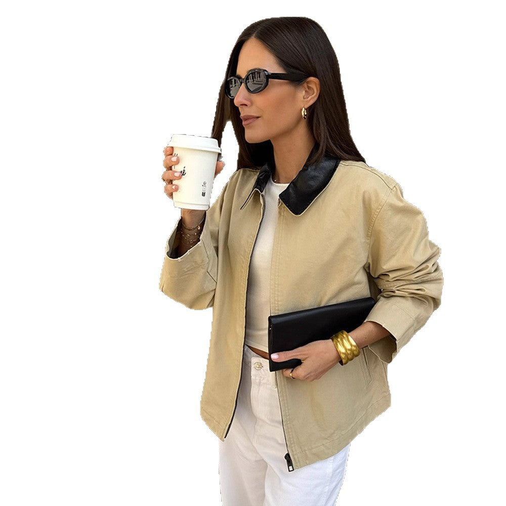Damen Boxy-Übergangsjacke mit kontrastierendem Kragen und verdecktem Reißverschluss Drune