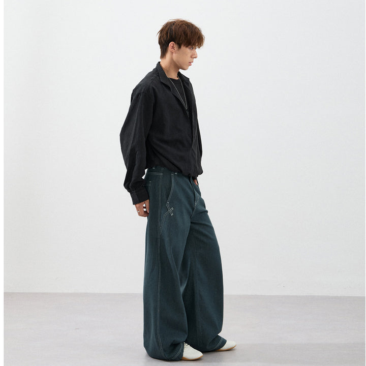 Herren Ultrabreite Raw-Denim Marlene-Hose mit Kontrastnähten Drune