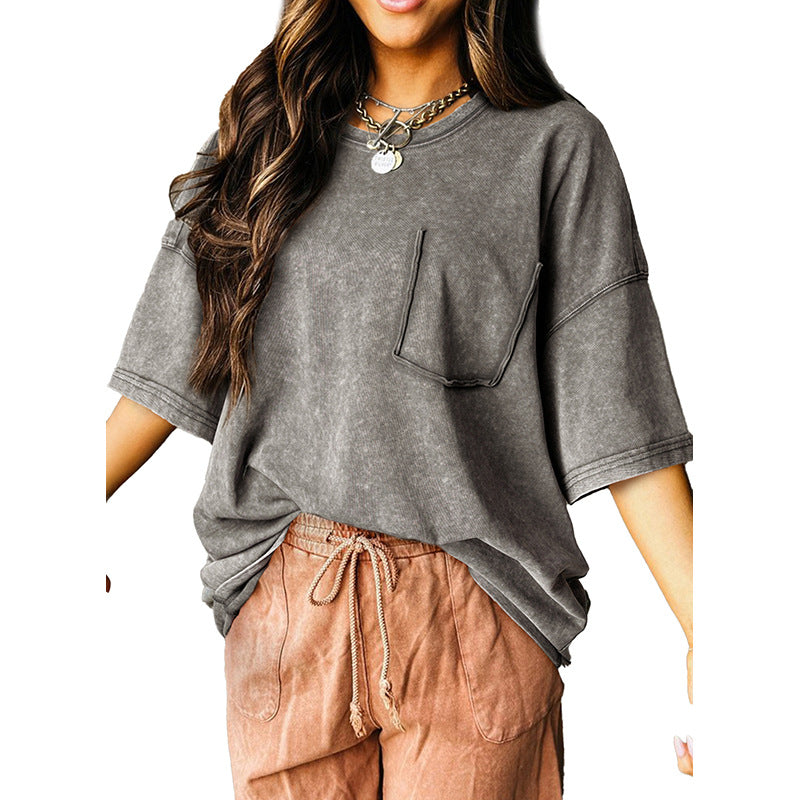 Damen lockeres T-Shirt mit praktischer Brusttasche Drune