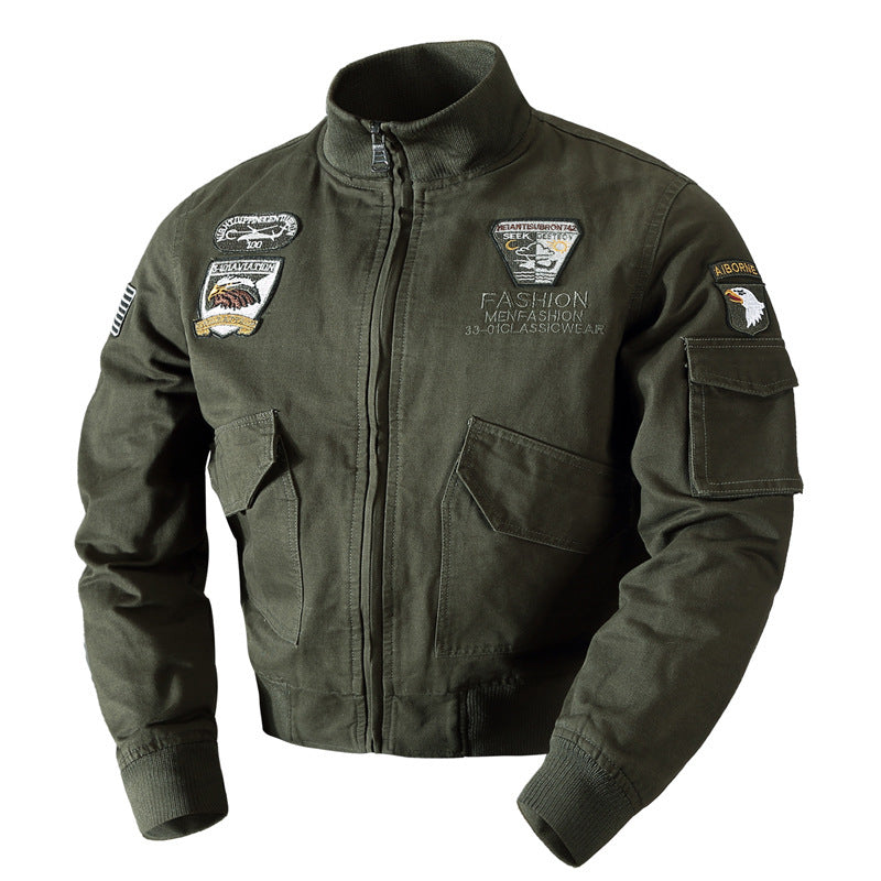 Herren nan retro-inspirierte Pilotjacke aus robustem Canvas mit gestickten Emblempatches, Multifunktionsärmeltasche und hohem Stehkragen Drune