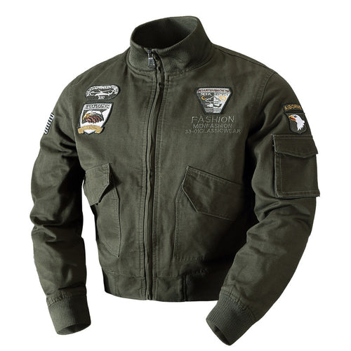 Herren nan retro-inspirierte Pilotjacke aus robustem Canvas mit gestickten Emblempatches, Multifunktionsärmeltasche und hohem Stehkragen Drune