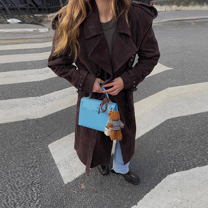 Damen Langer Trenchcoat aus weichem Wildlederimitat mit modischen Details Drune