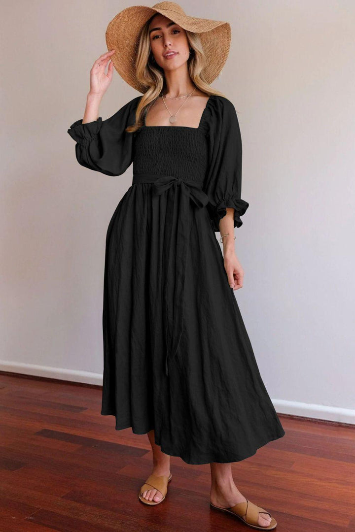 Damen elegantes, tailliertes Maxikleid mit Puffärmeln und Bindegürtel Drune
