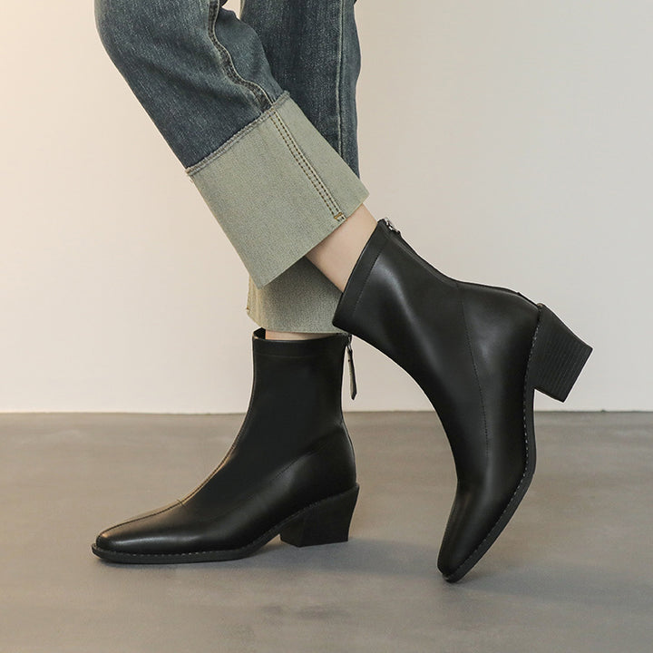 Damen Minimalistische Sock‑Ankleboot aus Glattleder mit hinterem Reißverschluss und sculpted Blockabsatz Drune