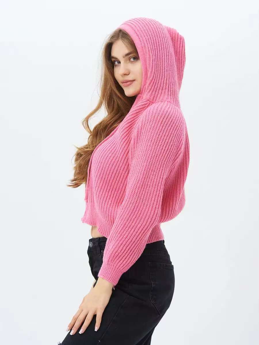 Damen Cropped Hoodie aus weichem Rippstrickmaterial mit praktischen Kordelzügen Drune