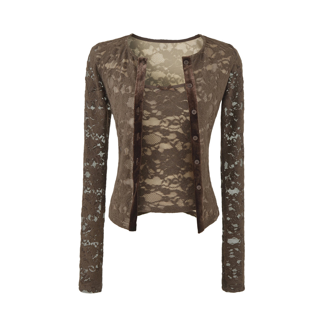 Damen Feiner Spitzen-Cardigan mit passendem Untertop und Samtbesatz Drune