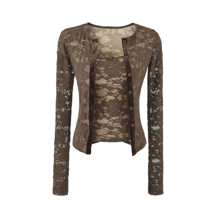 Damen Feiner Spitzen-Cardigan mit passendem Untertop und Samtbesatz Drune