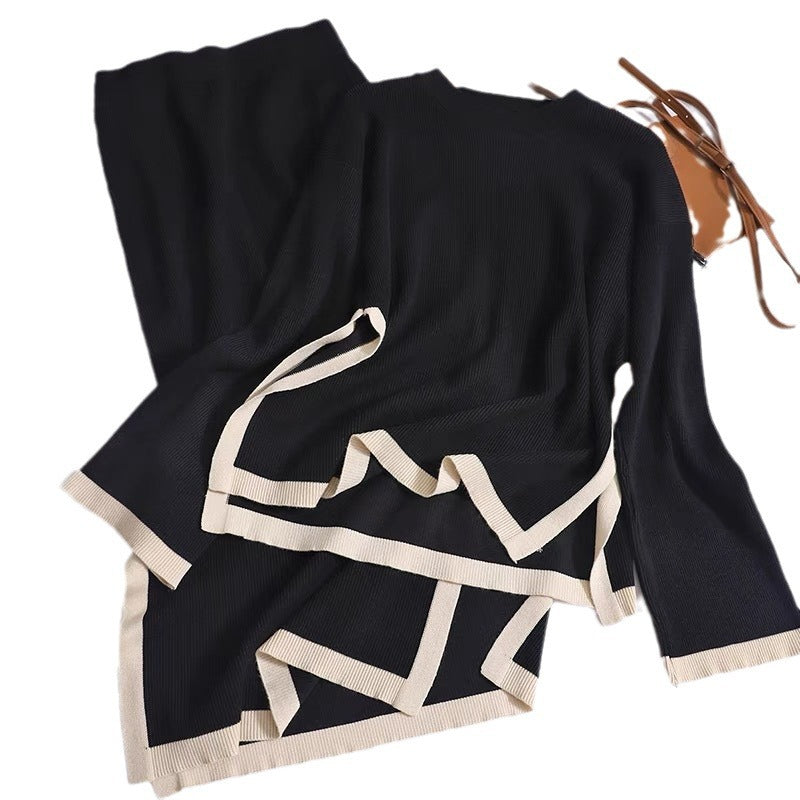 Damen modisches Strick-Loungewear-Set mit dekorativem Kontrastsaum Drune