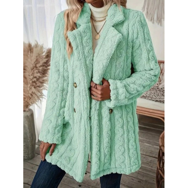 Damen Midilanger Teddy-Mantel mit Zopfmuster, Reverskragen und doppelt geknöpfter Front Drune