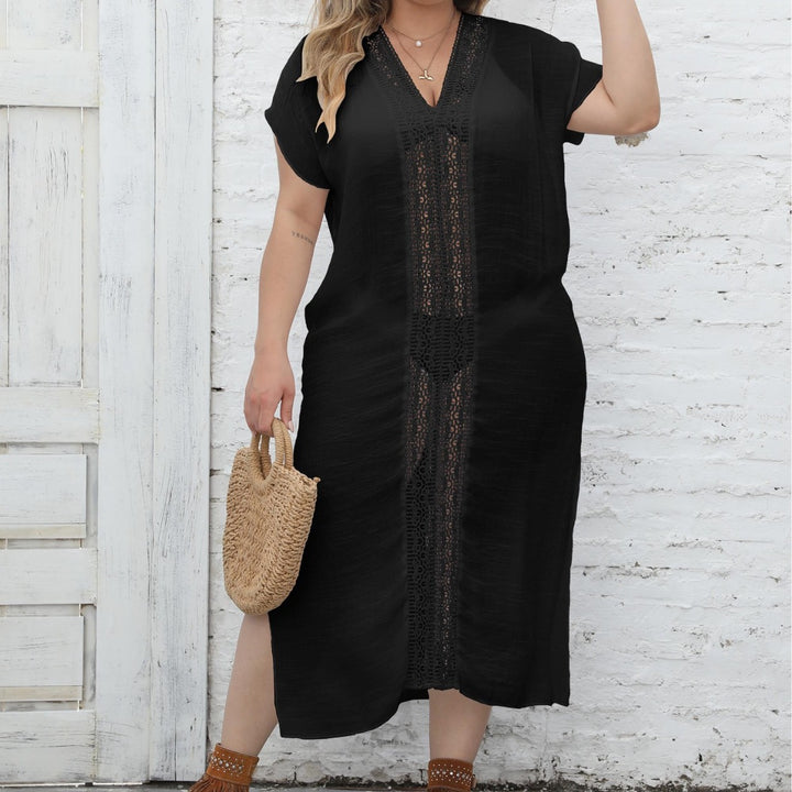 Damen eleganter Maxi-Kaftan mit großzügigem V-Ausschnitt und filigranen Häkelakzenten Drune