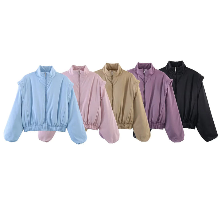 Damen nan cropped wattierte Jacke mit Stehkragen, voluminösen Ballonärmeln und taillierendem Elastikbund Drune