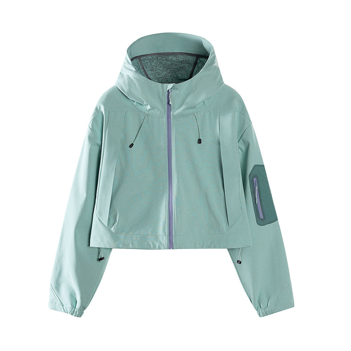 Damen Kurze wasserdichte Kapuzenjacke mit verstellbarem Saum und Ärmeltasche Drune