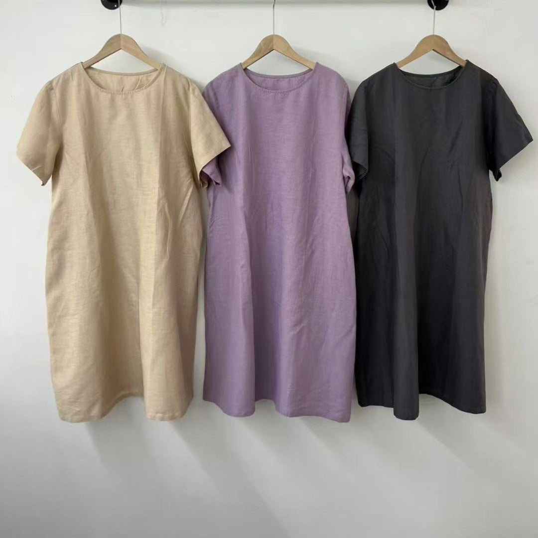 Damen Lässig Kurzarm Leinenkleid Drune
