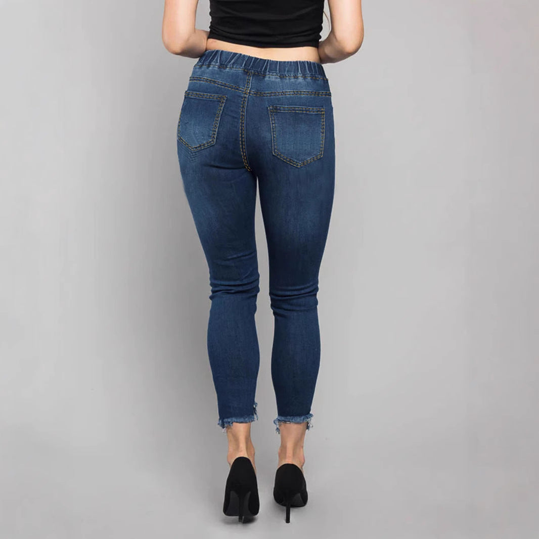 Damen Hochtaillierte Destroyed-Jogger-Jeans mit elastischem Tunnelzugbund und gekürztem Fransen-Saum Drune