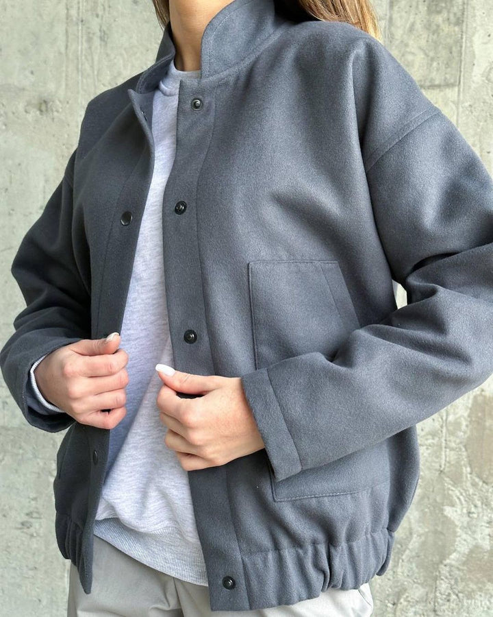 Damen Kurz geschnittene Bomberjacke aus Wollmix mit Druckknopfverschluss und elastischem Saum Drune