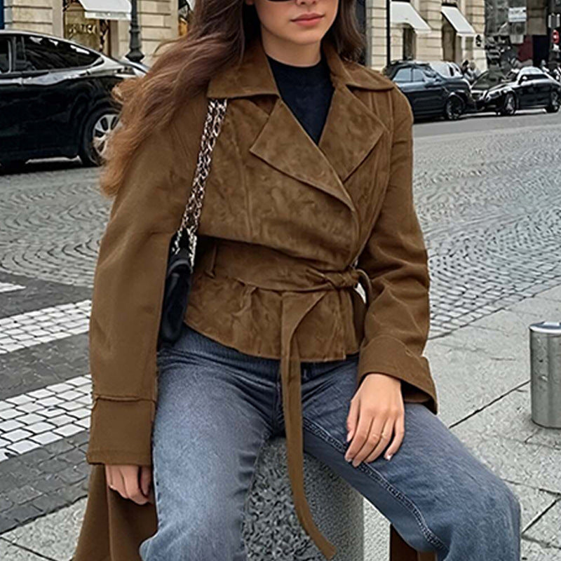 Damen Modische Wildlederjacke mit Gürtel und luxuriösem Komfort Drune