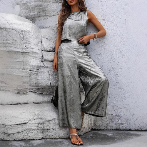 Damen Glänzendes Set aus ärmellosem Oberteil und weitem Hosen Drune