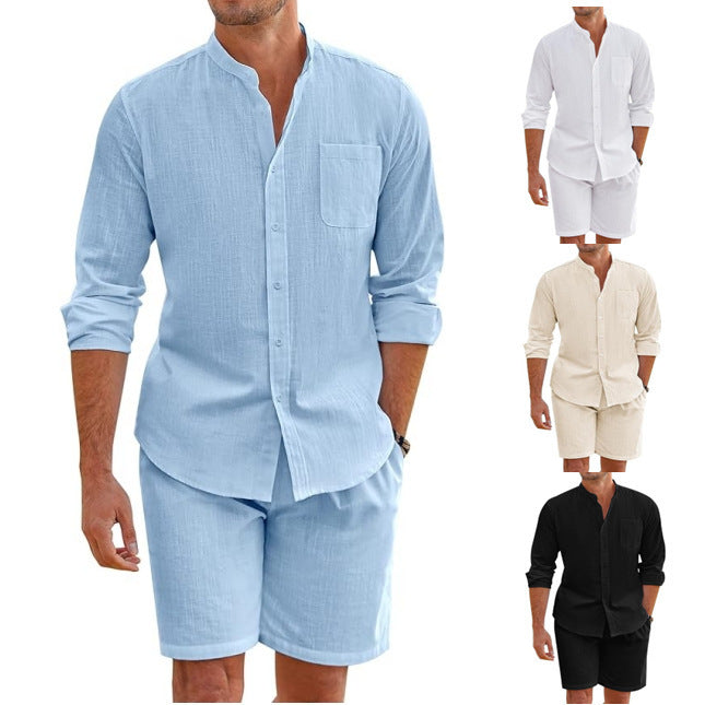 Herren nan Leinenoptik-Zweiteiler mit Stehkragen-Hemd, Brusttasche und legeren Shorts Drune