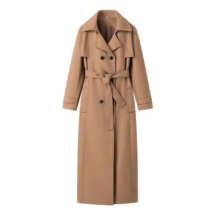 Damen nan langer taillierter Trenchcoat-Mantel mit Schalkragen, Bindegürtel und dekorativen Wiener Nähten Drune