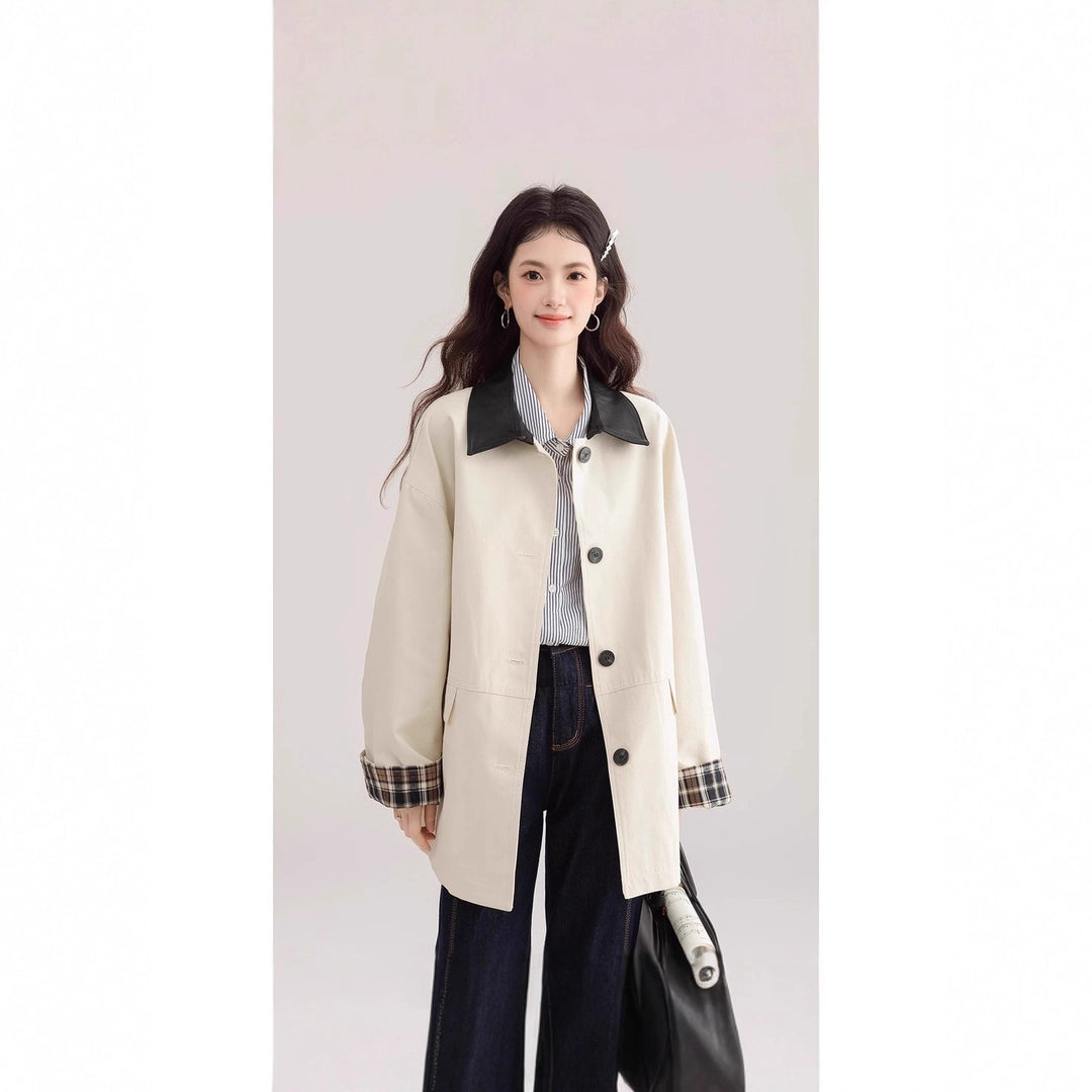 Damen Oversized Trenchcoat mit Kontrastkragen und Karo-Futter Drune