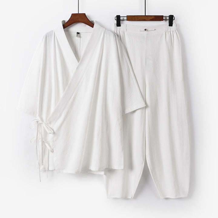 Unisex Leichtes Wickel-Lounge-Set im Kimono-Stil mit seitlichen Bindebändern und elastischer konisch zulaufender Hose Drune
