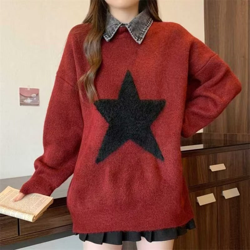 Damen gemütlicher Pullover mit großem Sternmotiv Drune