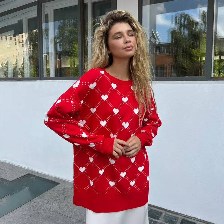 Damen Gemusterter Strickpullover mit Herzmotiv und lässigem Schnitt Drune