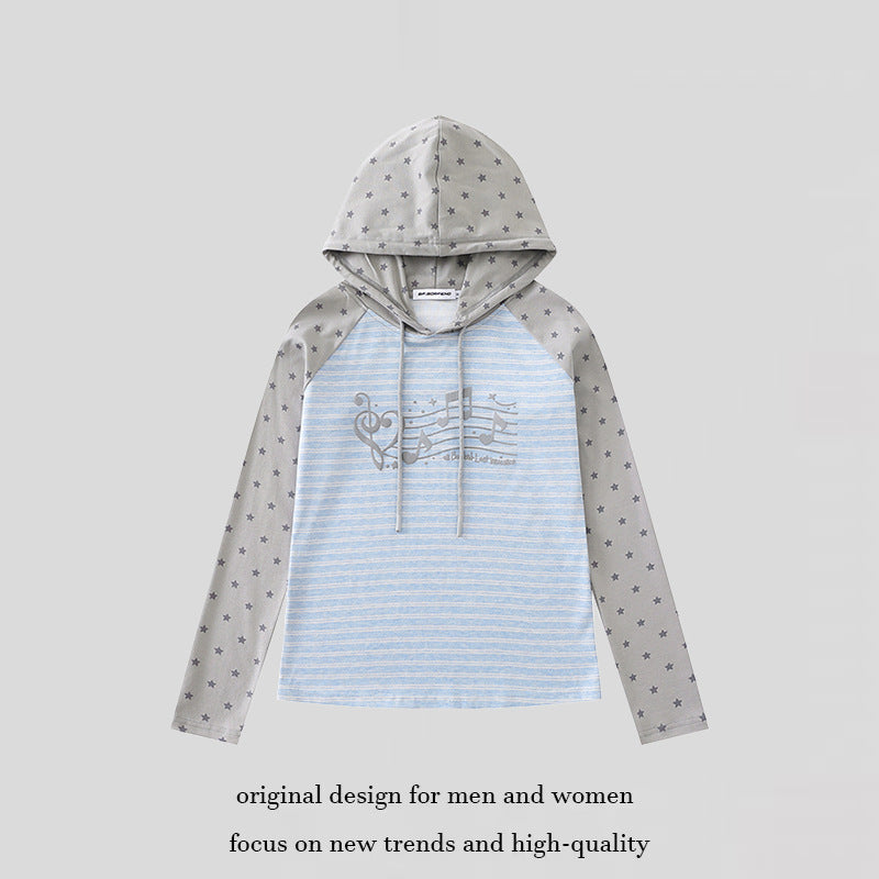 Damen Kapuzen-Langarmshirt im Raglanstil mit Sternärmeln und Noten-Print Drune