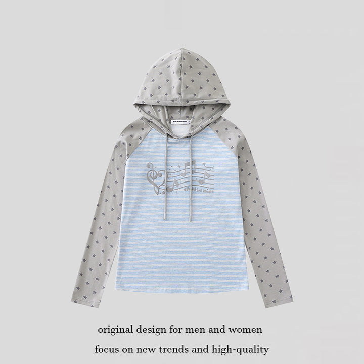 Damen Kapuzen-Langarmshirt im Raglanstil mit Sternärmeln und Noten-Print Drune
