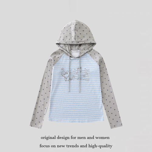 Damen Kapuzen-Langarmshirt im Raglanstil mit Sternärmeln und Noten-Print Drune