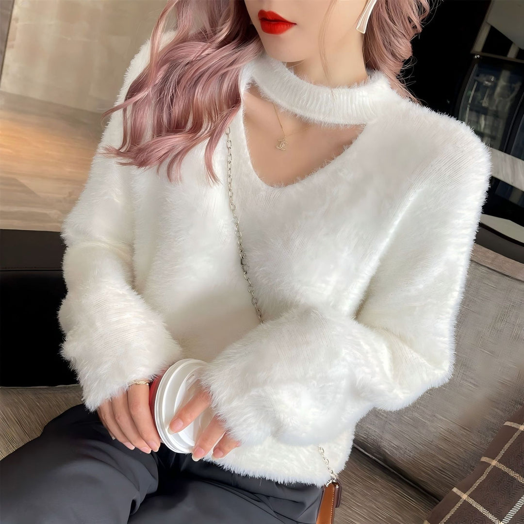 Damen kuscheliger V-Ausschnitt Pullover mit hohem Kragen Drune