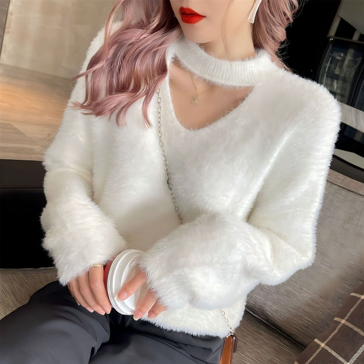 Damen kuscheliger V-Ausschnitt Pullover mit hohem Kragen Drune