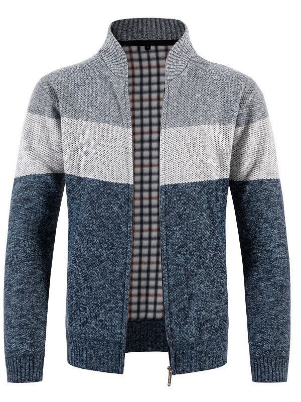 Herren modische Strickjacke mit kontrastierenden Streifen und gestepptem Innenfutter Drune
