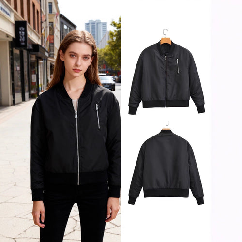 Damen Kurz geschnittene Nylon-Bomberjacke mit glänzender Oberfläche, wattiertem Futter und Metallreißverschluss Drune