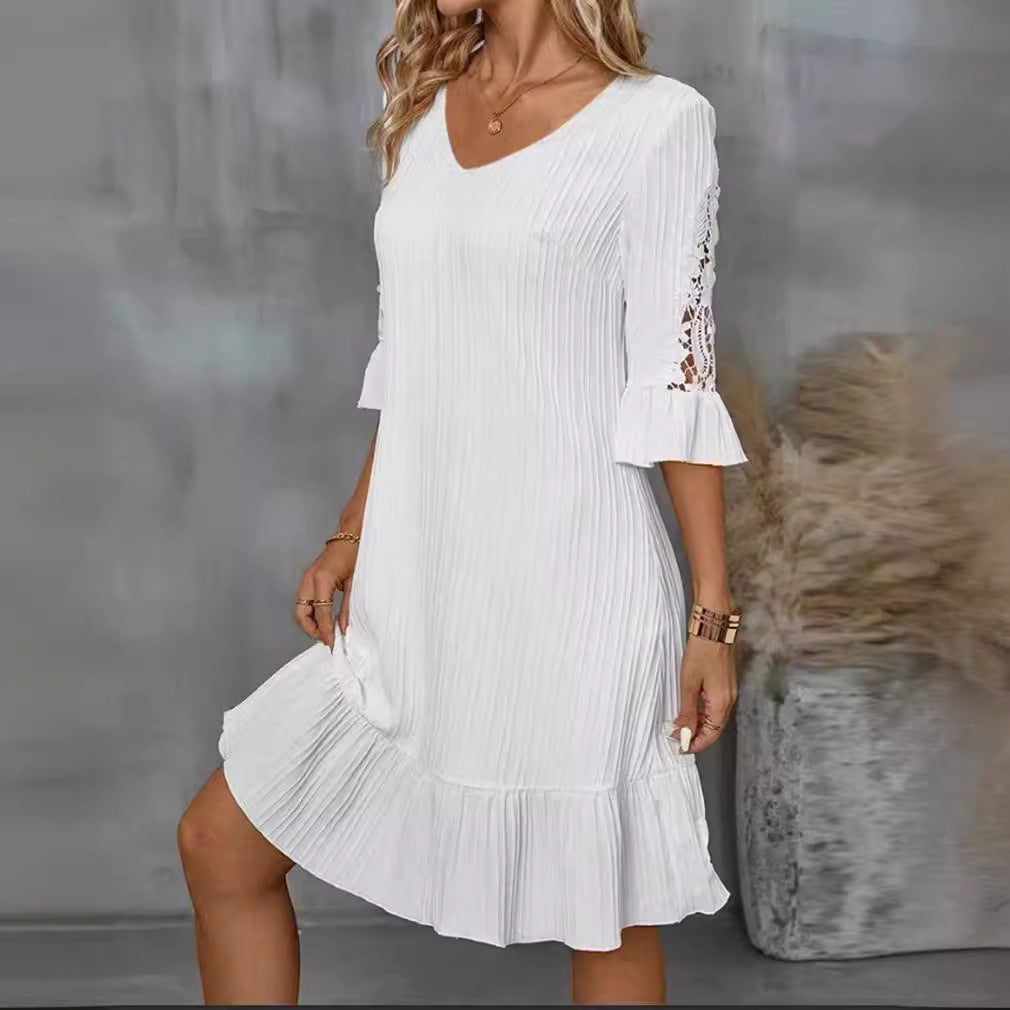 Damen Kurzarm Kleid mit voluminösem Saum und Spitzenärmeln Drune