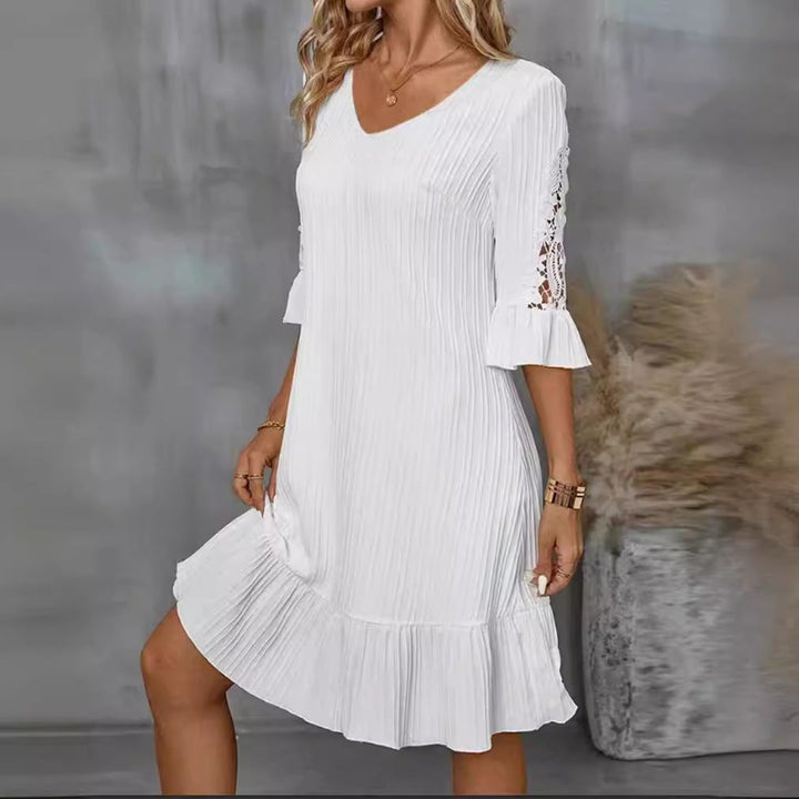 Damen Kurzarm Kleid mit voluminösem Saum und Spitzenärmeln Drune